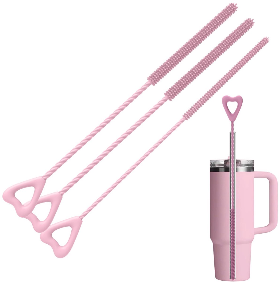 Rietjesborstel, extra lange reinigingsborstels, 2 maten herbruikbare reisdrinkfles, dekselreinigingsgereedschap voor Stanley metalen glazen rietjes (roze)