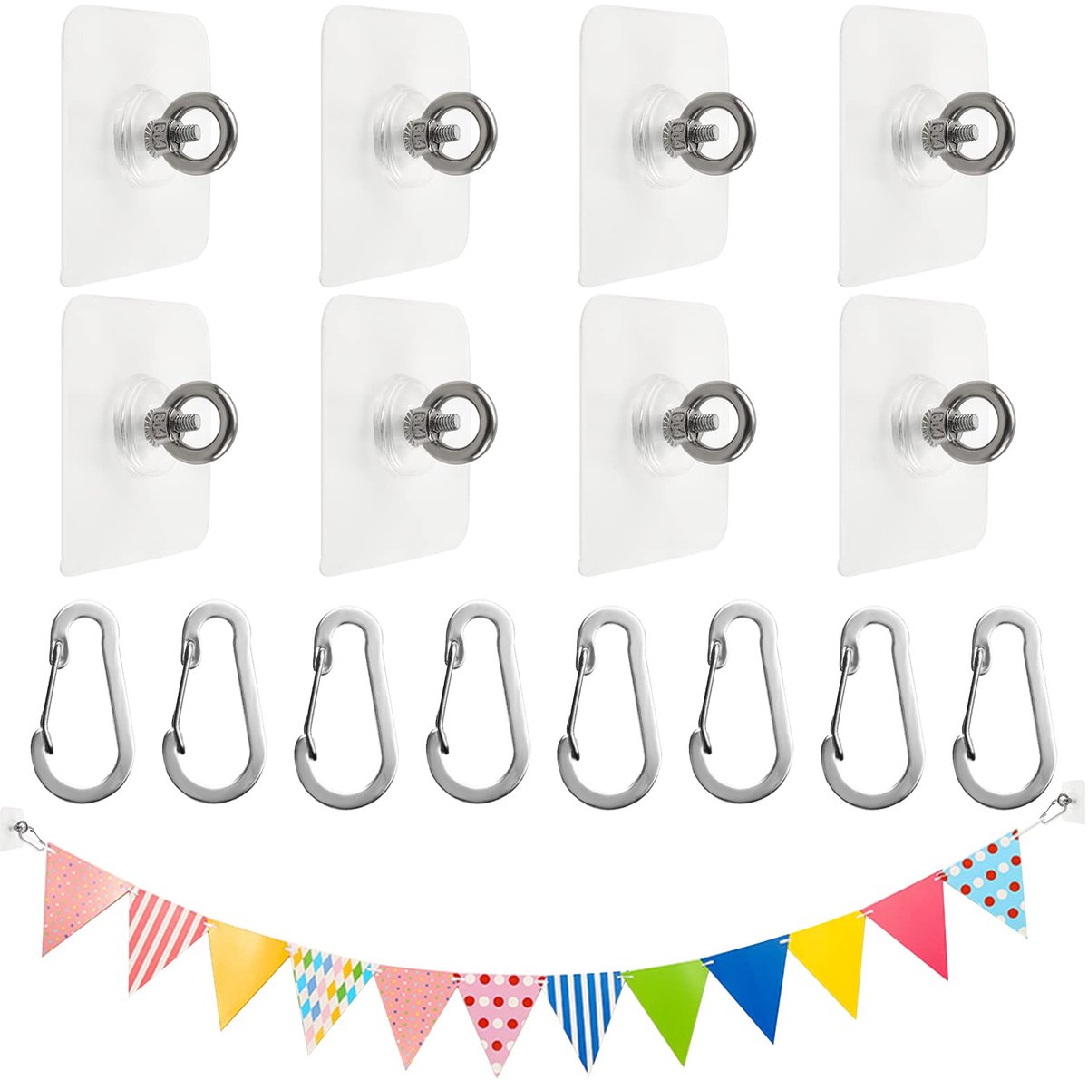 SnelShoppen - Nail-free plafondhaken set van 8 - RVS ooghaken en wandhaken met karabijnhaak - Sterk en duurzaam - Voor binnen en buiten gebruik - Idea