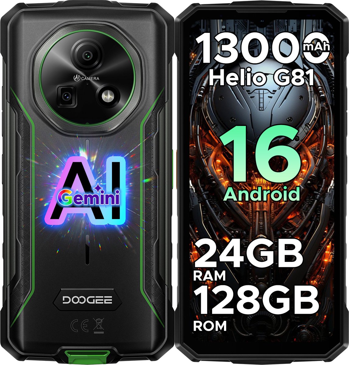 DOGEE Fire 5 Pro 4G- Rugged Smartphone - 13000 mAh/18W - Android 16 - 13MP+8MP - 24GB ROM+128GB ROM/（2TB/TF) - Gemini AI - 6,6inch HD+ 90Hz - MediaTek Helio G81 - NFC- Face ID - Vingerafdruk - IP68 - Groen