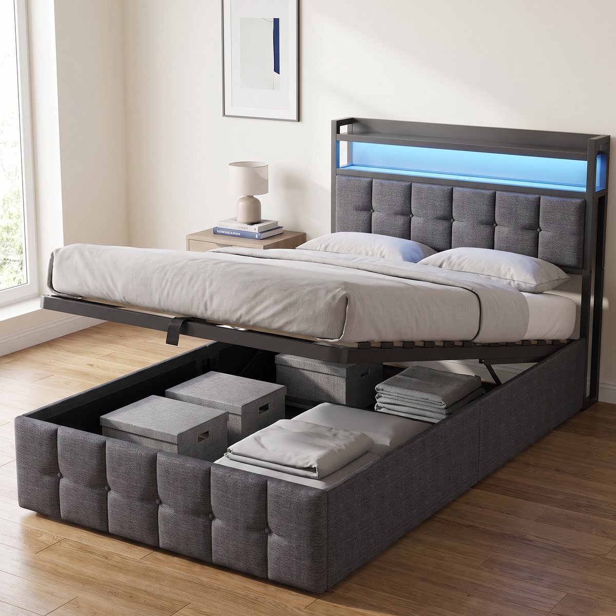 Gestoffeerd Opbergbed 90x200 cm - Eenpersoonsbed met LED en USB - Lattenbodem - Linnen - Modern - Grijs