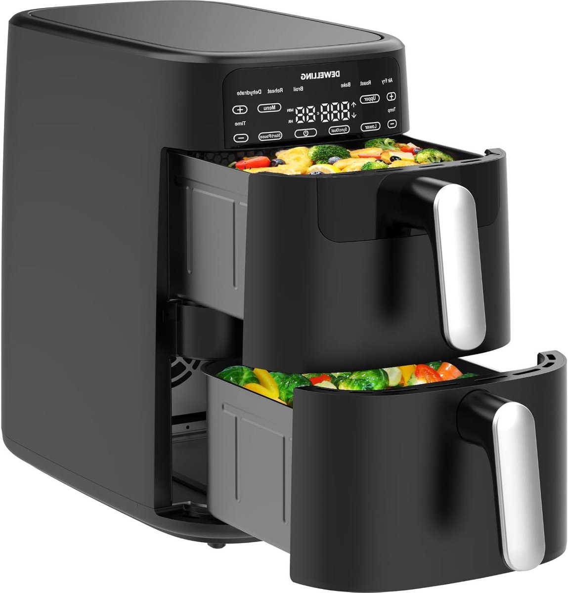 Dubbele Kamer Airfryer - Heteluchtfriteuse XXL - Gezinsmaaltijden Bereiden - Ruimtebesparend Verticaal Design - 10 Liter - Zwart
