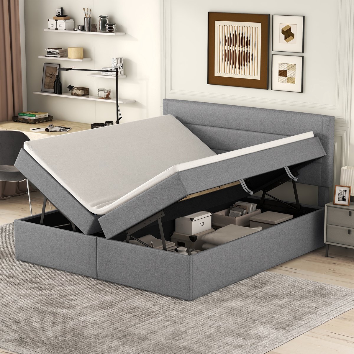 DESMIU Gestoffeerd Bed 140x200cm - Dubbel Bed Met Opliggend Lattenbodemmechanisme - Grote Opbergruimte Onder Het Bed - Voor Slaapkamer - Massief Hout En MDF - Grijs - Zonder Matras