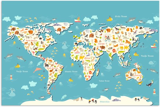 Carte du monde adaptée aux enfants sur fond bleu clair, avec les formes des continents remplies d'animaux divers.