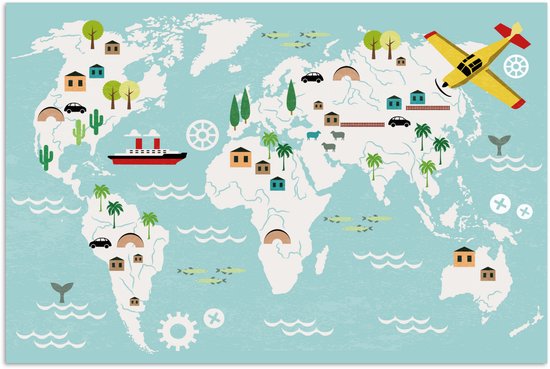 Une affiche d'une carte du monde bleu pastel avec des illustrations de maisons, arbres, voitures, un bateau et un avion jaune.