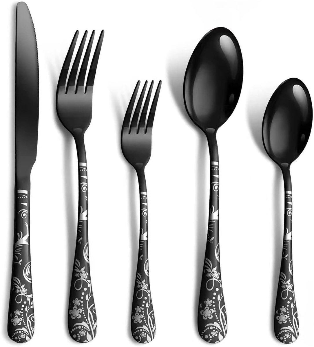 Bestekset voor 4 personen, 20-pcs incl. mes, vork en lepel, hoogglans gepolijst, vaatwasmachinebestendig (zwart)