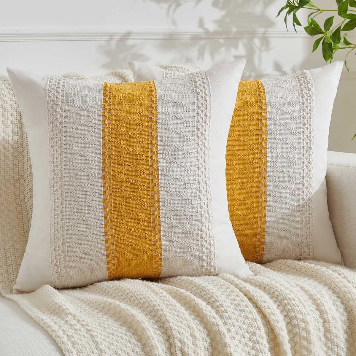 Kussenslopen voor bank, 40 x 40 cm, geel, boho, macramé, katoen en linnen, herfst, decoratieve kussenslopen, modern, elegant, vierkant, kussensloop voor woonkamer, slaapkamer, tuin, outdoor