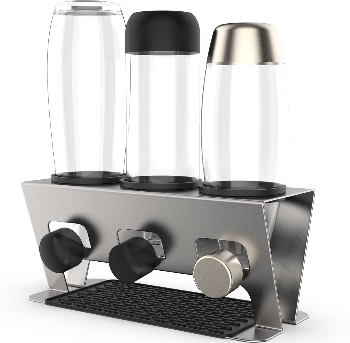Flessenhouder & Crystal flessen, 3-delige accessoires, afdruiprek, afdruiprek, flessendroger, glazen fles, geborsteld roestvrij staal