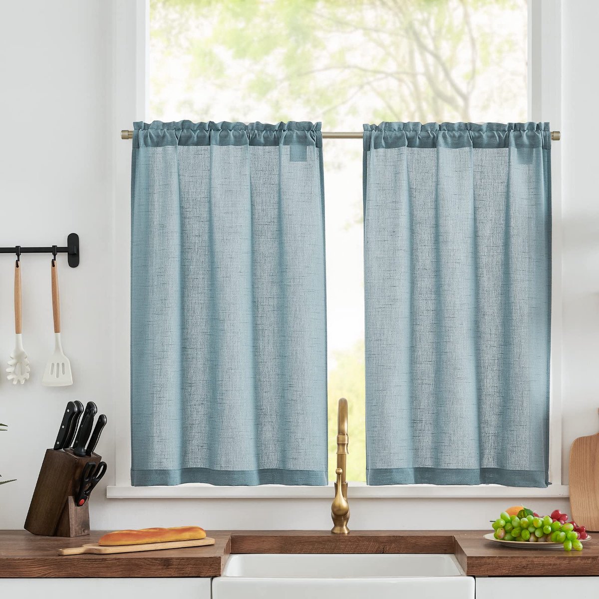 Vitrage, linnen bistrogordijn, blikdicht gordijn, gaas, sjaals, halftransparant, raamsjaal voor keuken, woonkamer, landhuis, set van 2, 65 x 60 cm (b x h), grijs
