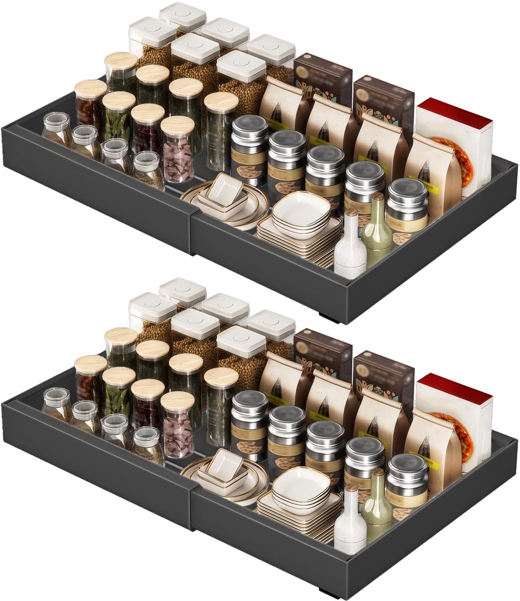 lade, uittrekbare laden voor de keuken (32-52 cm), zonder boren en spijkers, voor het organiseren van de basis van de keuken, eetkamer, badkamer, zwart, 2 stuks