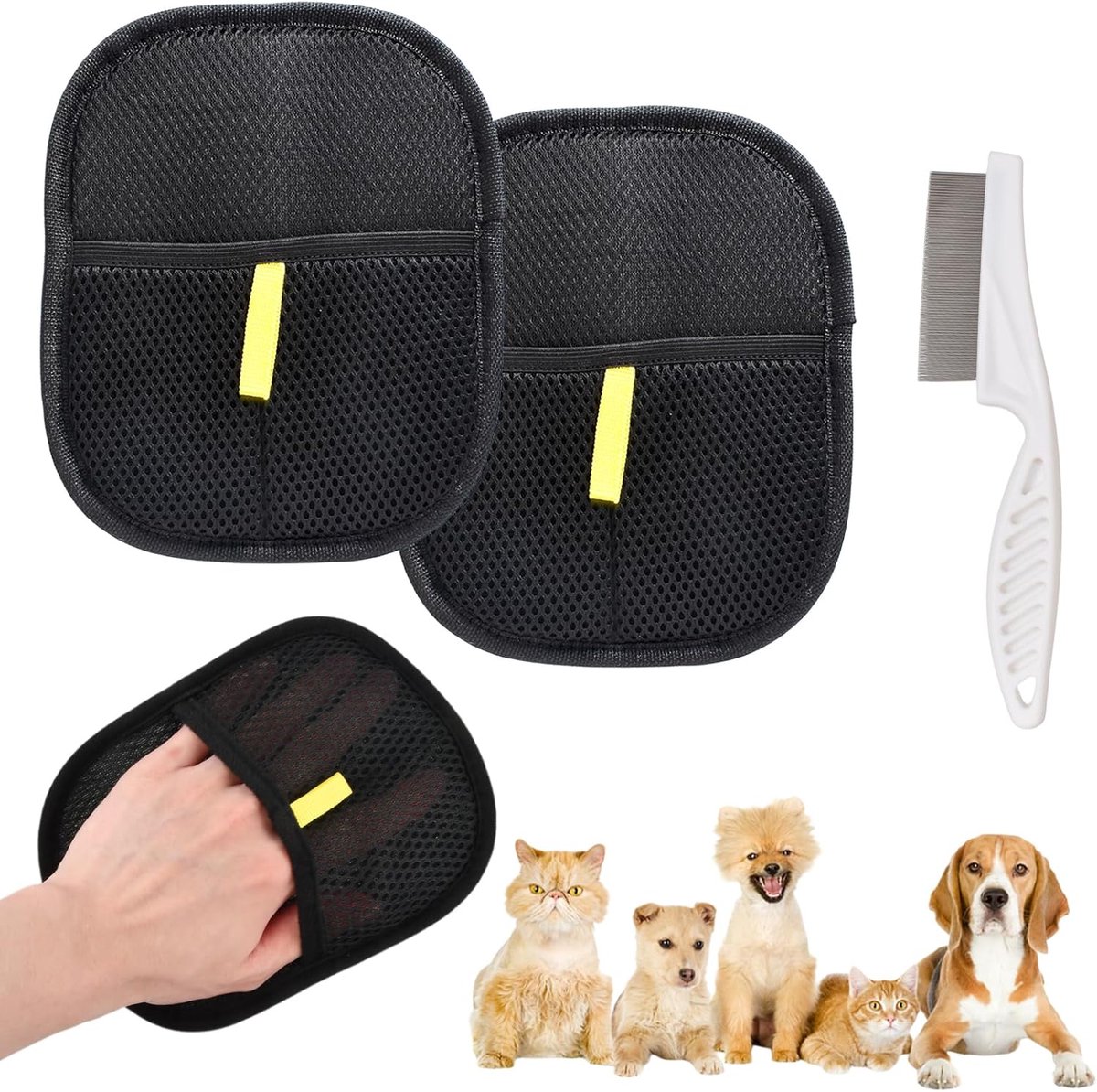 2 stuks vachtmagneethandschoen, 1 x vlooienkam voor katten en honden, verwijdert vlooien, herbruikbare kattenhaarverwijderaar, handschoen, tekenkam voor honden, voor het reinigen van ontharing