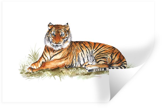 Une peinture de tigre aux rayures orange et noires, allongé dans l'herbe.