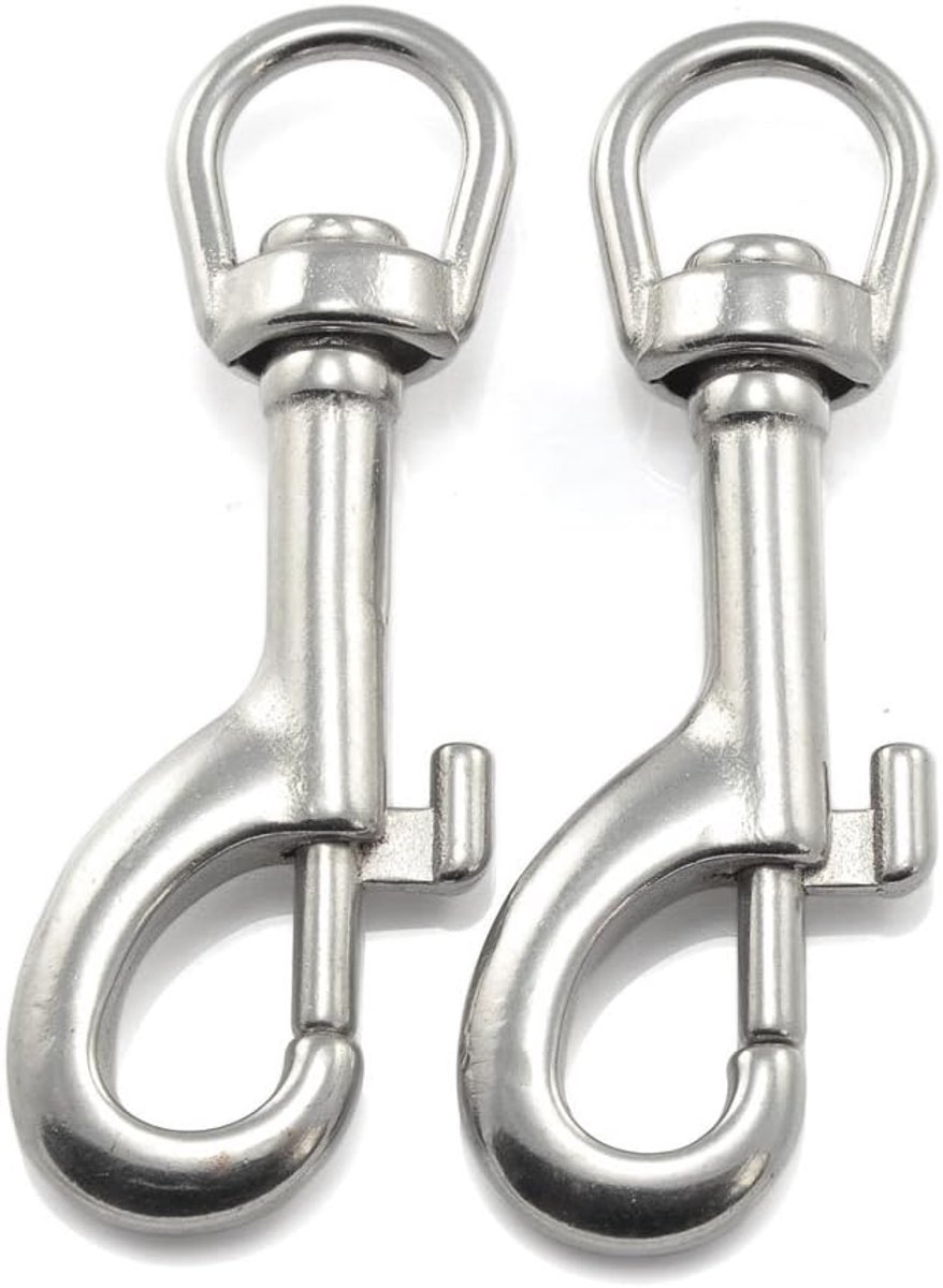 karabijnhaak met wervel en boutkarabijnsluiting 81 mm, voor hondenlijn, hondenhalsband en Paracord 550, draaischarnier voorkomt draaien en knopen, roestvrij staal, 2 stuks, zilver