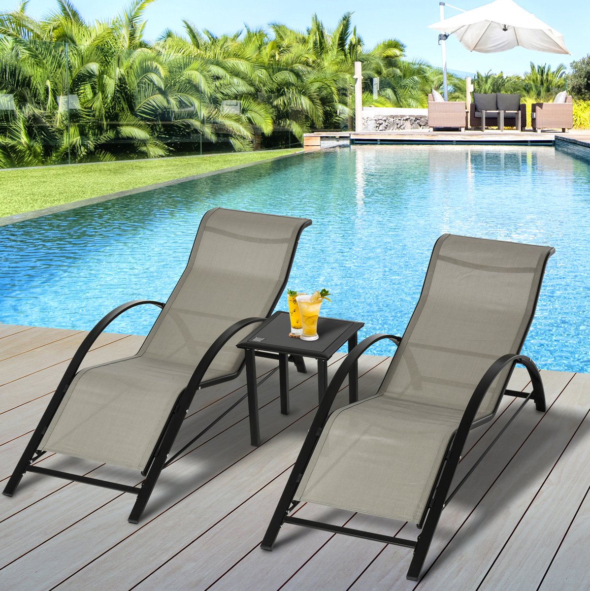 MIVRAY Loungeset 3-Delig 59 x 169 x 66 cm - 2 Ligbedden Met Bijzettafel - Voor Tuin, Terras En Zwembad - Metaal Grijs En Zwart