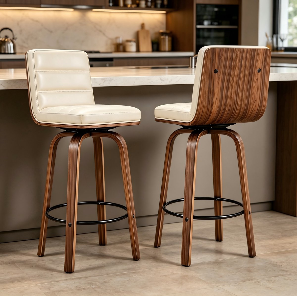 MIVRAY Barkruk 40 x 48 x 90 cm - 360 Graden Draaibaar Met Rugleuning En Voetsteun - Voor Keuken En Bar - Hout Metaal Kunstleer Crème