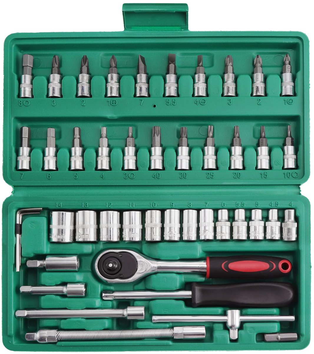 46-delig, flexibele steeksleutelset met omkeerbare ratel voor auto, fiets, motor (kleur van de gereedschapskoffer is willekeurig, groen of zwart)