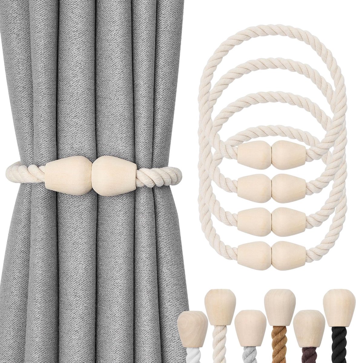 Jolly Fallen Magnetische gordijn-ophanghouders van hout, boho-decoratie, gordijnhouders, natuurlijk katoen, handgeweven, voor raamgordijnen voor thuis en op kantoor, beige, 4 stuks
