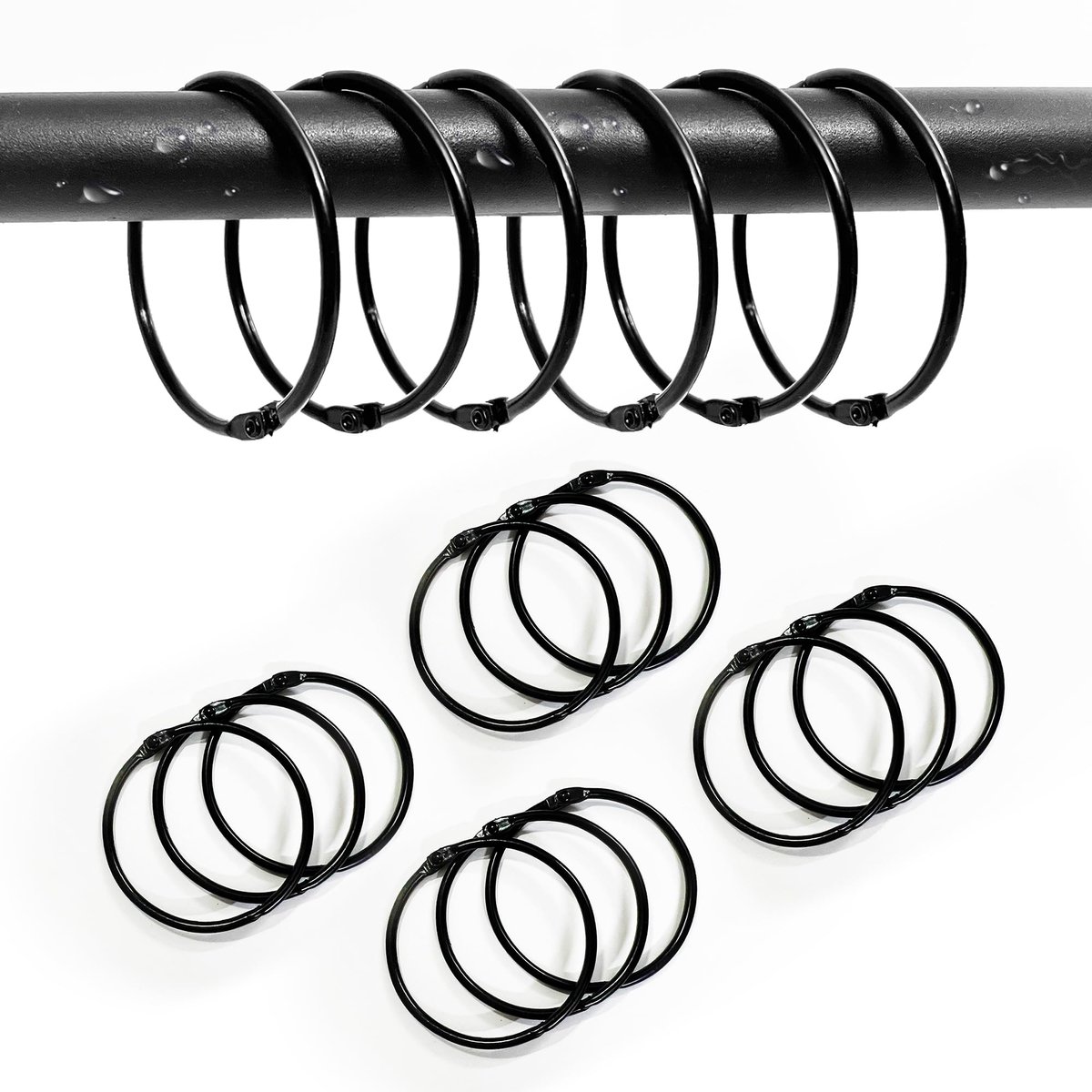 Douchegordijnhaken, 50 mm metalen ringen, voor ronde stangen, badkamer, archiefkasten (zwart)