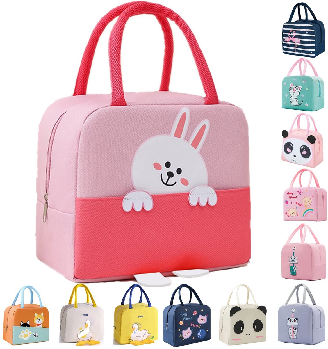 Lunchtas, leuke geïsoleerde herbruikbare lunchkoeltassen, waterdichte opvouwbare lunchtas voor vrouwen, mannen, kinderen en studenten, reizen, picknick, school (roze haas)