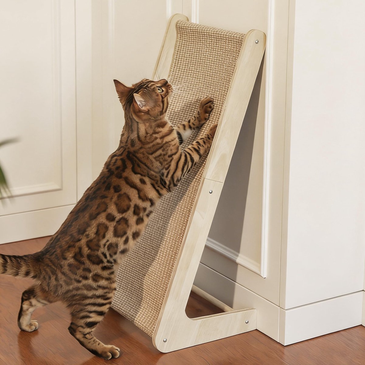 Krabplank voor katten, 69 cm hoge L-vormige krabpads voor katten van massief hout en natuurlijk sisal, krabpaal met kattenkruid voor alle katten