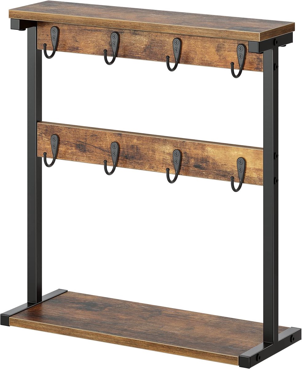 Mokhouders, Bekerhouderstandaard, bekerrek met 8 haken, bekerstandaard, keukenrek, verticaal opbergrek, bekerhouder met planken, displaystandaard, voor keuken, woonkamer, vintage bruin XMH43BR
