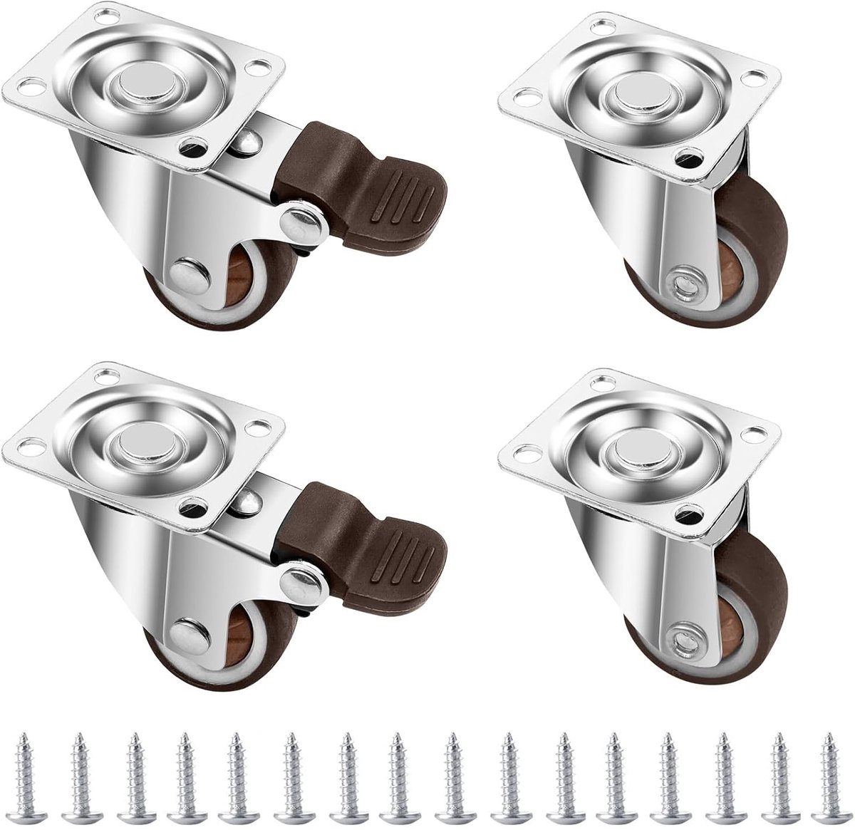 Set van 4 meubelwielen, 25 mm, zware wielen met rem, transportwielen met 16 schroeven, 360° draaiend, bokwielen voor tafel, rubberen wielen