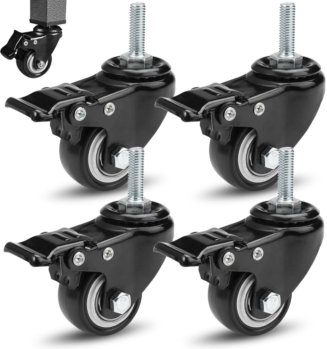 Zwenkwielen met rem, 40 mm meubelwielen, wielen met draad M8×25 mm, 360° rotatie meubelwielen zwart, zware wielen, voor transportwielen/loopwielen voor apparaten en meubels