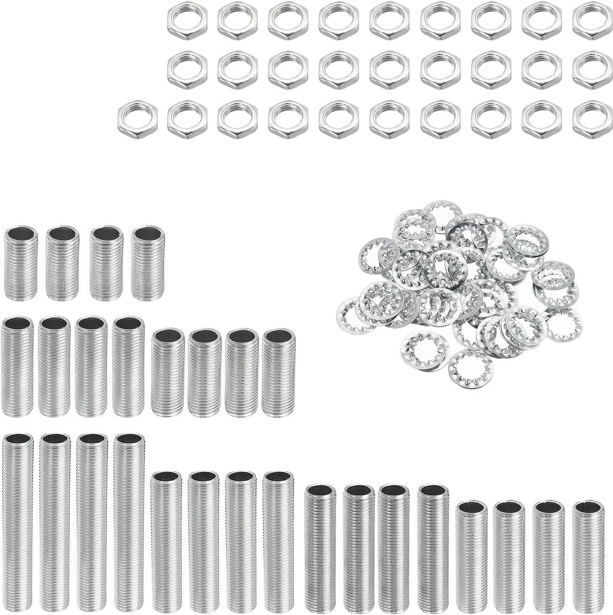 sourcing map Slanglamp, draadstang, hol, etui met inkepingen, moeren, teeth-ringen, M10, schroefdraad, bevestigingsmiddelen, assortiment voor verlichting, reparatie, montage, set van 84 stuks