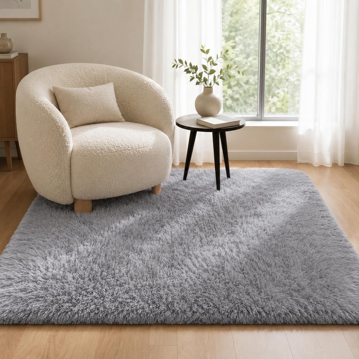 Fluffy Woonkamer Vloerkleed 140x200cm, Hoogpolig Shaggy Tapijt, Zacht Faux Fur Vloerkleed, Niet Verharend, Fluffy Tapijt voor Slaapkamer, Grijs