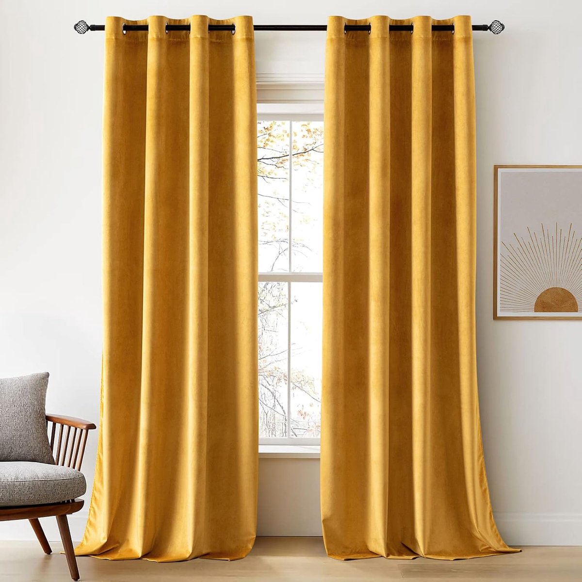 thermische verduisteringsgordijnen voor woonkamer en slaapkamer, fluweel, isolerend, warmte-/koudewerend, rekbaar, met ringen, set van 2, 140x225cm, mosterdgeel