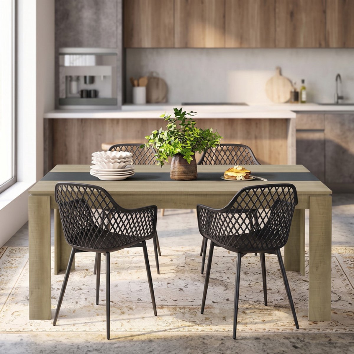 EGGREE 4-delige eetkamerset - tafel- en stoelenset voor 4 personen - inclusief stoelen met armleuningen - geschikt voor keuken - eetkamer of woonkamer (tafel van 160 x 80 x 75 cm + 6 Zwarte eetkamerstoelen)