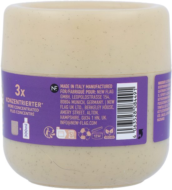 FOAMIE Conditioner Concentraat, paarse band met '3x geconcentreerder', productie-informatie en keurmerken.