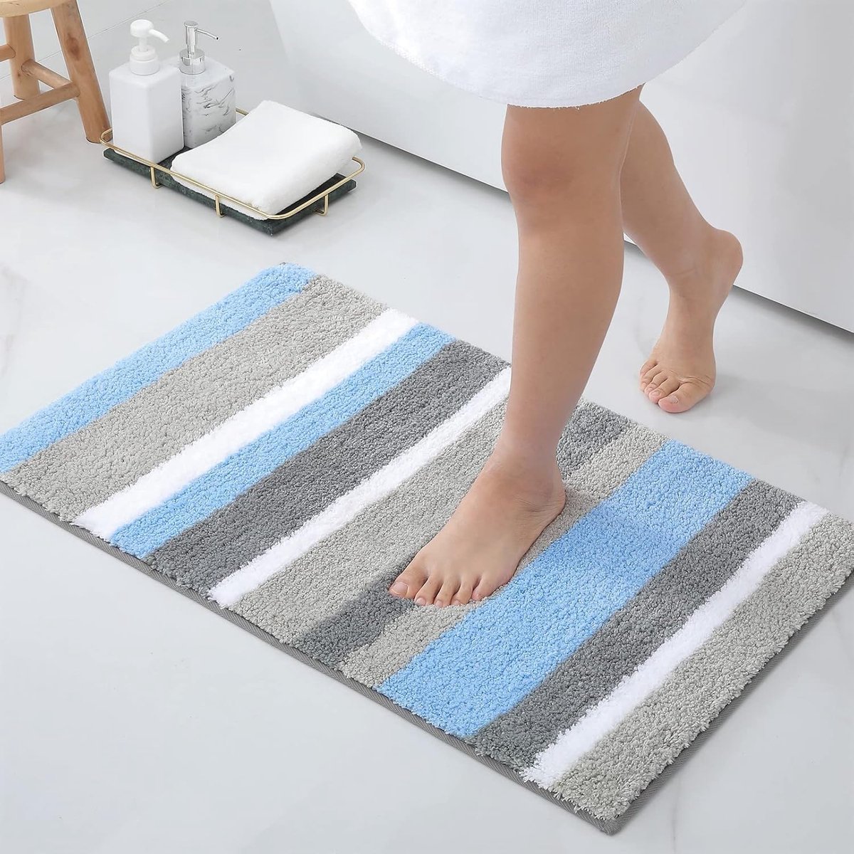 Antislip badkamertapijt, zacht, hoogpolig, microvezel, badmat, absorberend, wasbaar, 40 x 60 cm, blauw/grijs