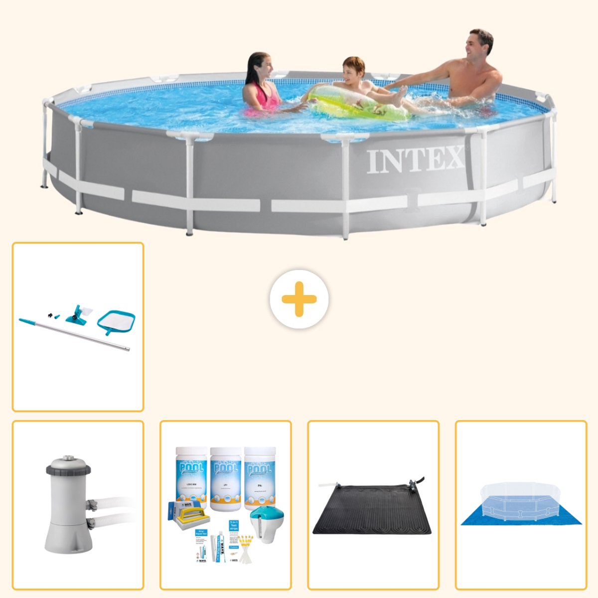 Intex Rond Prism Frame Zwembad - 366 x 76 cm - Grijs - Inclusief Pomp - Onderhoudspakket - Solar Mat - Grondzeil - Schoonmaakset - 6-delig