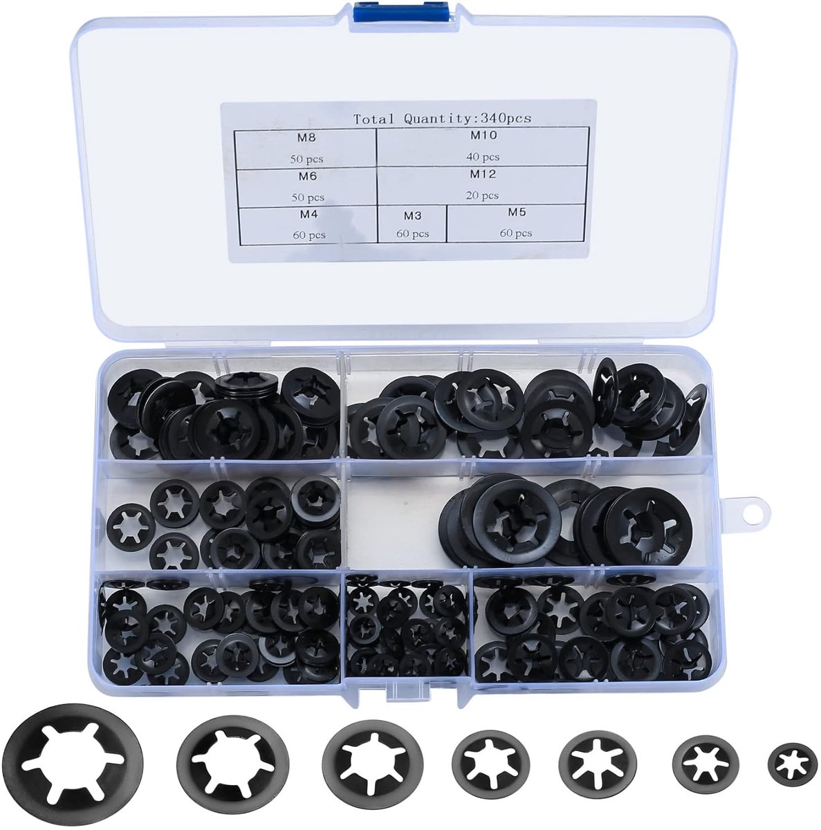 not apply sluitringen, binnentand snelsluiting, borgring, assortiment kit voor borgringen, zwart, M3, M4/M5/M6/M8/M10/M12, 340 stuks