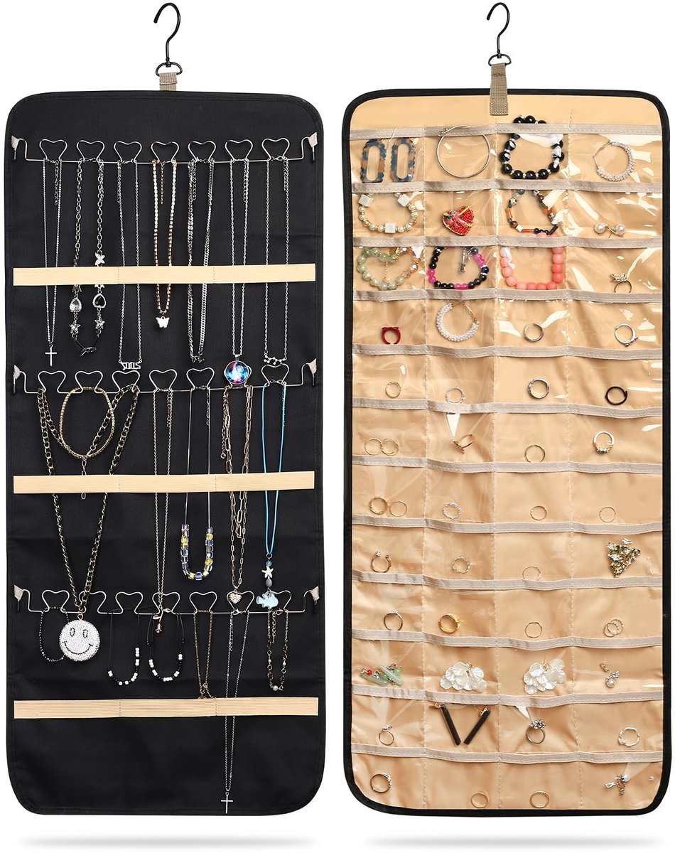 Dailygoods- Sieradenhouder Dubbelzijdig - Sieradenorganizer - Oorbellen/Ringen/Halskettingen - 48 Vakken - Waterdicht/Duurzaam - 83 x 36,5 cm