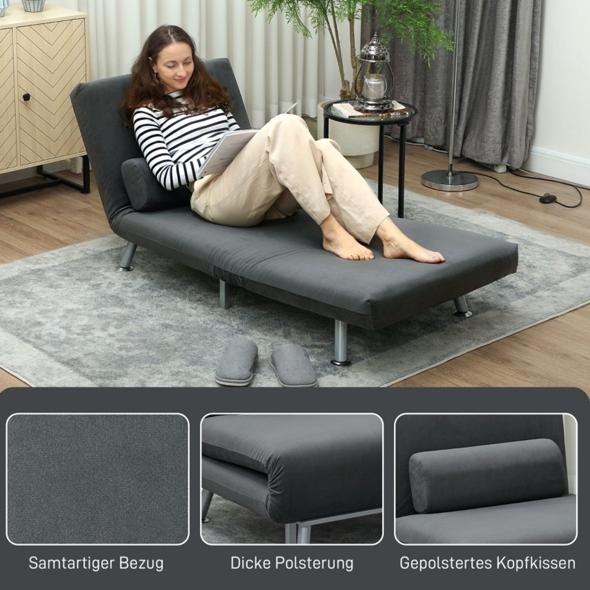 MIVRAY Relaxfauteuil Met Bedfunctie 75 x 70 x 75 Cm Verstelbare Rugleuning Handmatig Donkergrijs Polyester Voor Woonkamer
