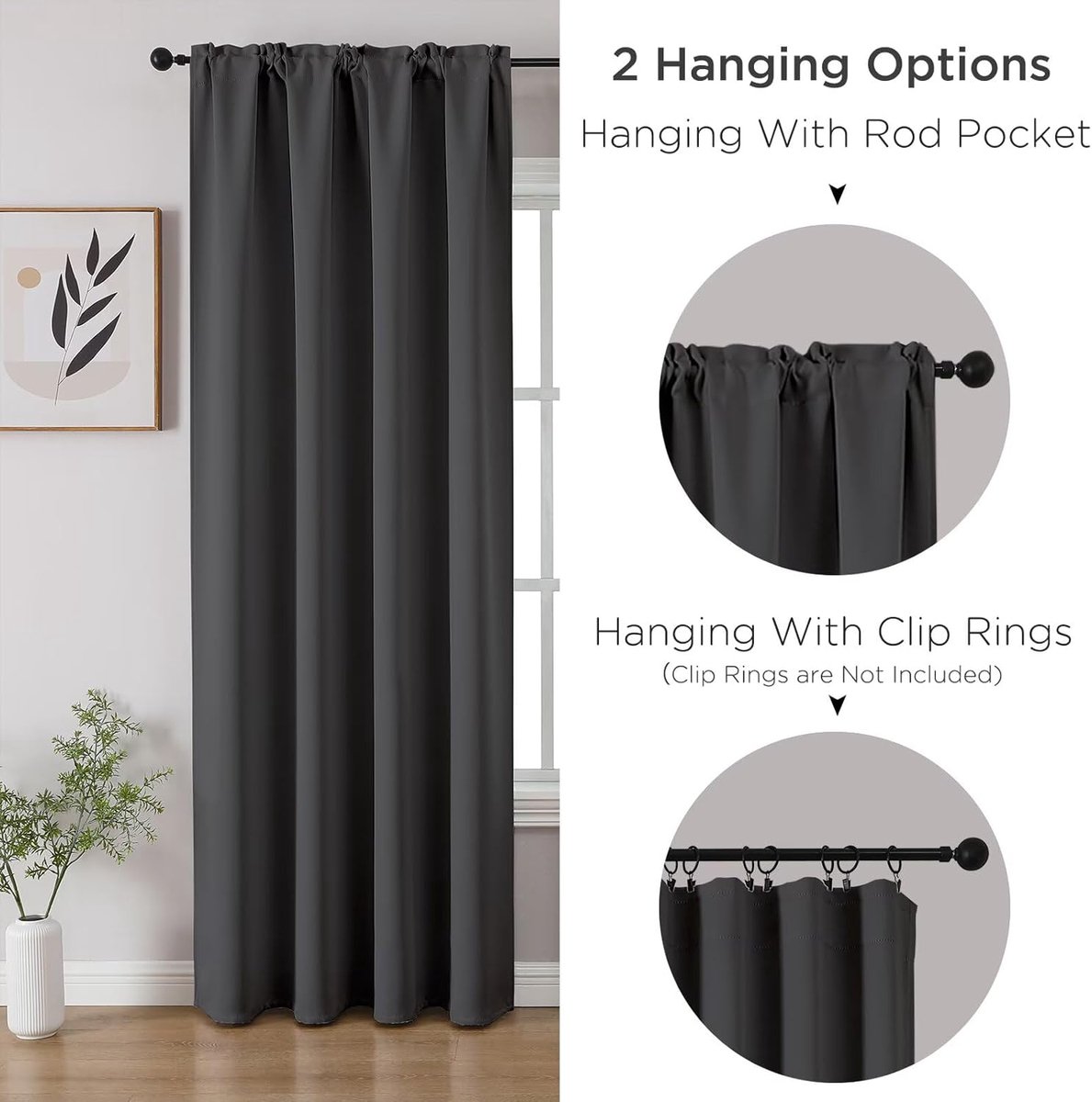 Panelen van 137 cm lang, met tunnelzoom, voor slaapkamer en woonkamer, warmte-isolerende en lichtwerende raamgordijnen (132 cm breed x 137 cm lang), donkergrijs
