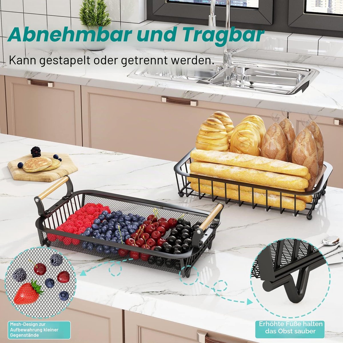 Fruitmand, fruitschaal met 2 niveaus en 2 bananenhangers, keukenaanrecht, groenteaanrechthouder, grote metalen kommen, perfect voor het bewaren van fruit, groenten, snacks, cupcakes, zwart