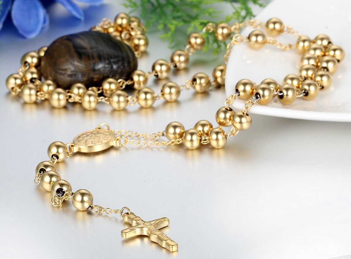 JewelryWe Sieraad roestvrij stalen hanger, halsketting, goud, Jezus Christus, kruis, rozenkrans, vintage ketting, heren, dames