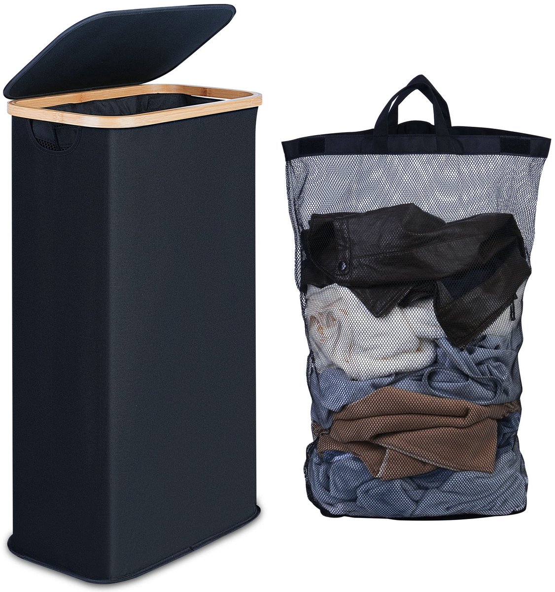 efluky Wasmand smal, 63 liter, slanke wasmand met deksel, zwart, opvouwbare wasmand met bamboe handgrepen en afneembare zak voor bijkeuken, slaapkamer, badkamer