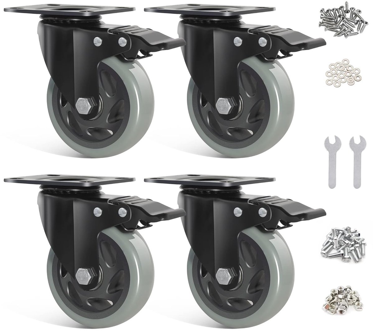100mm grijze zware transportwielen - set van 4 zwenkwielen met remmen tot 600 kg, incl. montageaccessoires. Meubelwielen voor binnen- en buitengebruik - multifunctionele transportwielen
