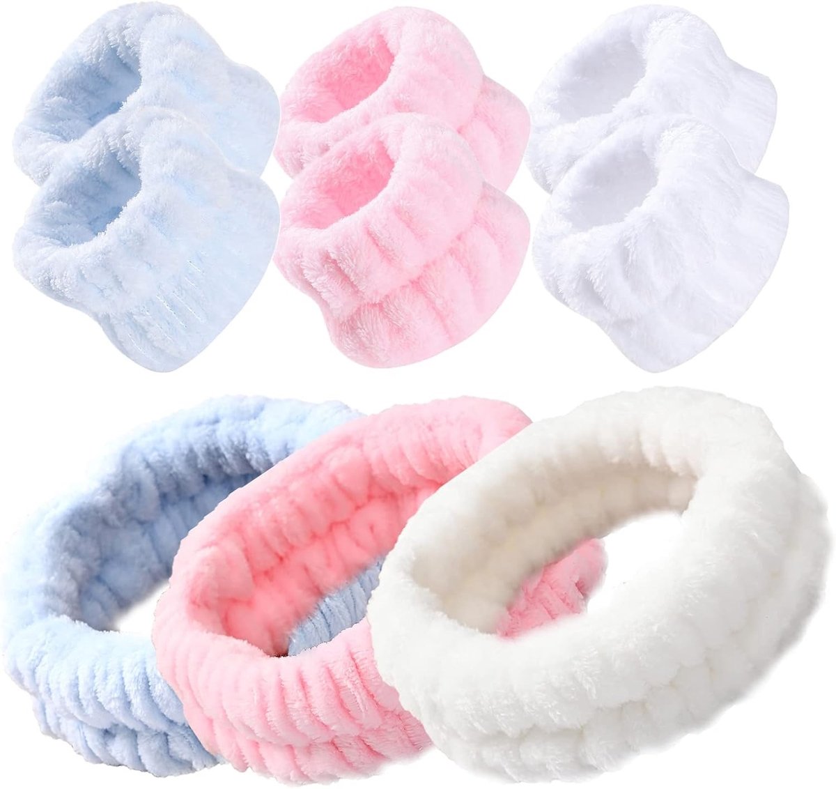 Set van 9 Elastische Polsbanden voor Gezichtsreiniging en Spa, Ideaal voor Vrouwen en Meisjes, Perfect voor Yoga en Make-up Verwijderen in Blauw, Wit en Roze