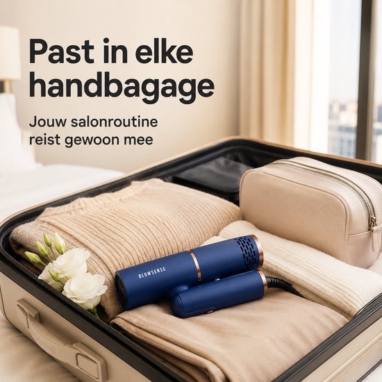 BlowSense® TravelDry Reisföhn Opvouwbaar – Compacte Haardroger voor Reizen, Vakantie en Handbagage – 1400W – Met Concentrator-opzetstuk – Ruimtebesparende Opvouwbare Föhn – Saffierblauw – 2026 Model