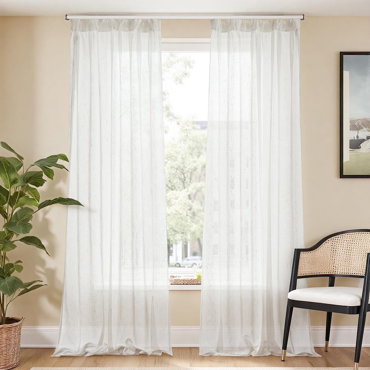 Gordijnen, set van 2, 245 x 140 cm (h x b), met plooiband, linnenlook, gordijnen voor woonkamer, slaapkamer, raam, transparant, modern, landelijke stijl, voile, natuur, linnen, gordijnen