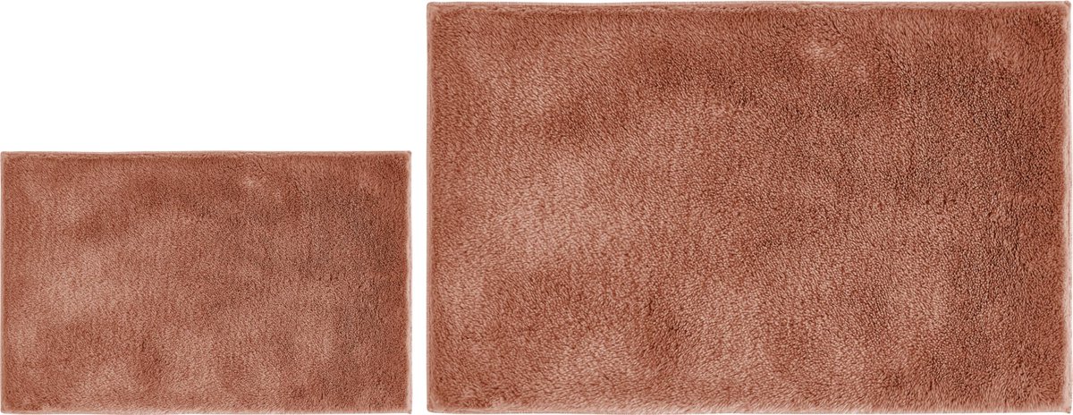 Badmat, antislip, Florida, zachte en pluizige badmat, antislip, wasbaar, douchemat, set van 2, 40 x 60 cm + 60 x 100 cm, roestrood