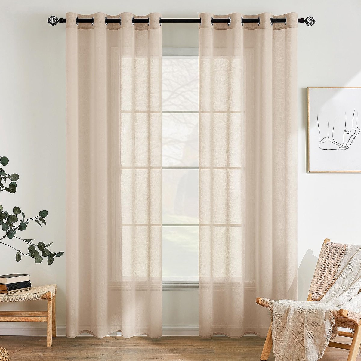 Raamgordijnen van voile met oogjes, voor slaapkamer, salon en woonkamer, elegant, 140 x 200 cm, licht kaki, 2 stuks