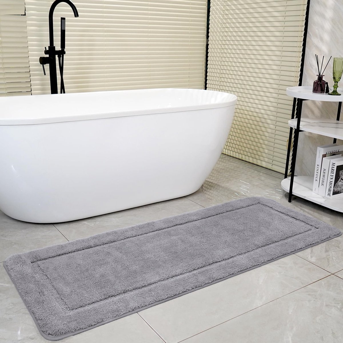 Badmat 60x150 cm, Enkele Mat, Hoogpolige Microvezel, Antislip & Wasbaar, Extra Grote Absorberende Douchemat, Perfect voor Bad & WC, Grijs
