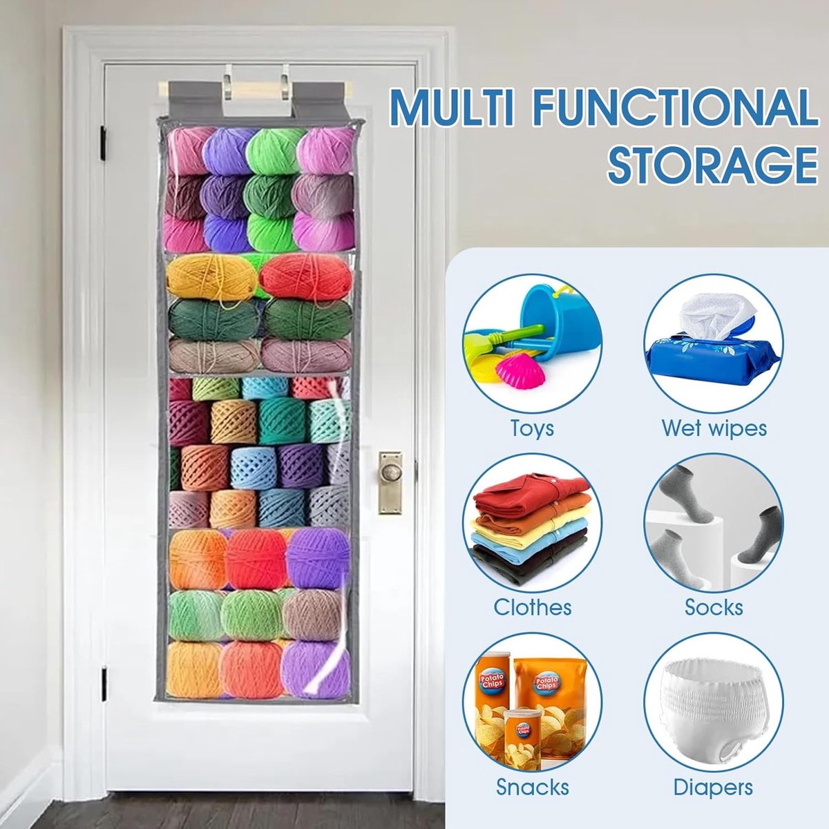 Garn Storage Organizer met handwollen opbergtas, grote capaciteit, gebreide tassen, grote vakken, voor deuren, hangende organizer voor haken, breien, kruissteek en andere accessoires (4 vakken