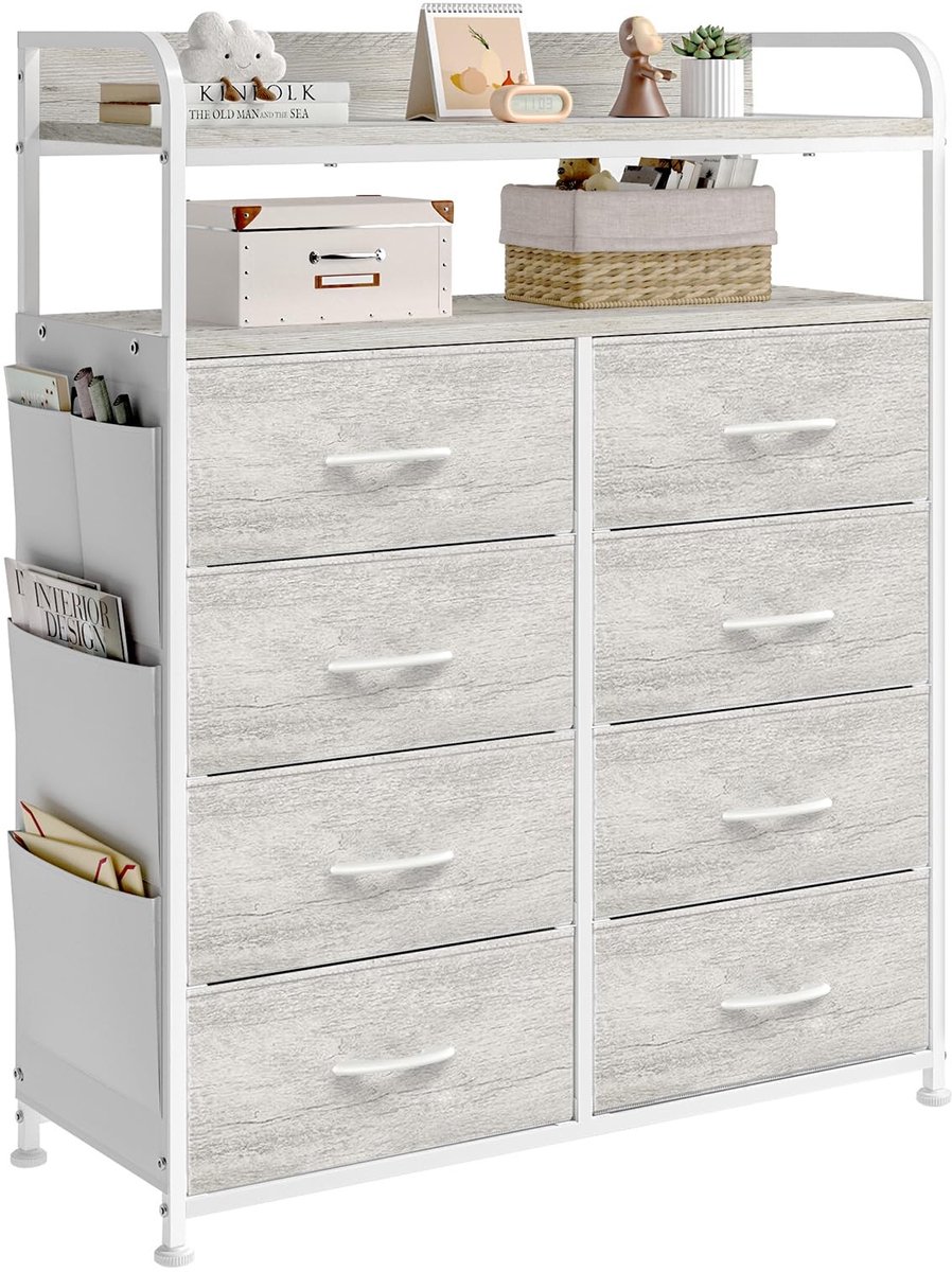 Dailygoods- Opbergkast Robuust - 8 Stoffen Lades - 4 Zijtas - 2-Laags Houten Planken - Metalen Frame - Waterafstotend - Opbergmeubel