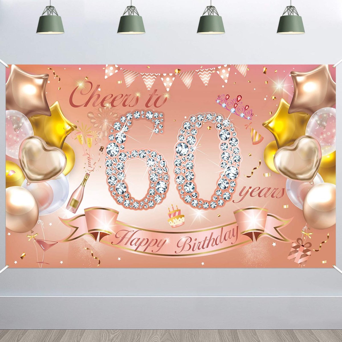 Dailygoods- Banner 60e Verjaardag - Roségoud - Feestdecoratie - Fotoachtergrond - Decoratie voor Buiten - Tafelkleed/tafelloper - Verjaardagsdecoratie